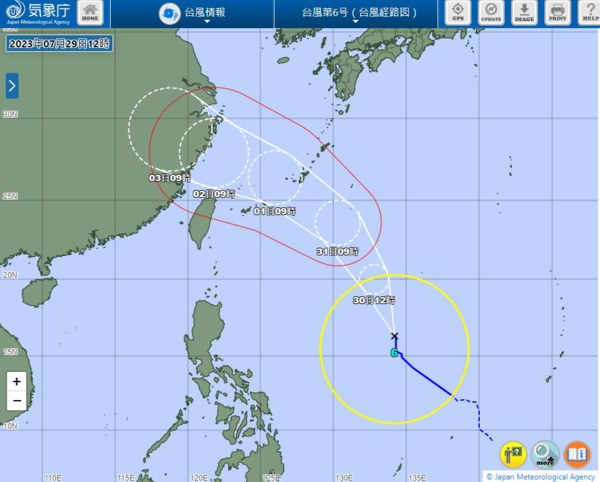 今年第6號颱風「卡努」路徑，日本氣象廳預測31日轉強颱。截自日本氣象廳網站