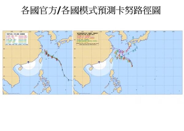 各國模式預測卡努颱風路徑。圖／取自「Hsin Hsing Chia」YouTube頻道