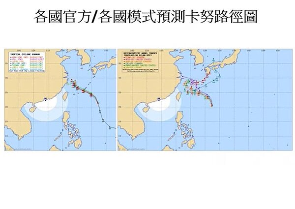 各國模式預測卡努颱風路徑。圖/取自「Hsin Hsing Chia」YouTube頻道