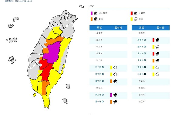 氣象局發布「11縣市」大規模、劇烈豪雨。圖／氣象局提供