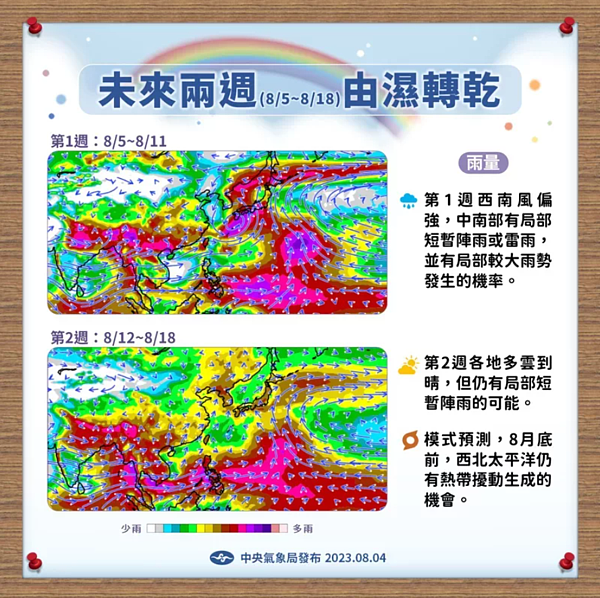 未來兩周天氣由濕轉乾。圖/取自「報氣候 - 中央氣象局」臉書粉專