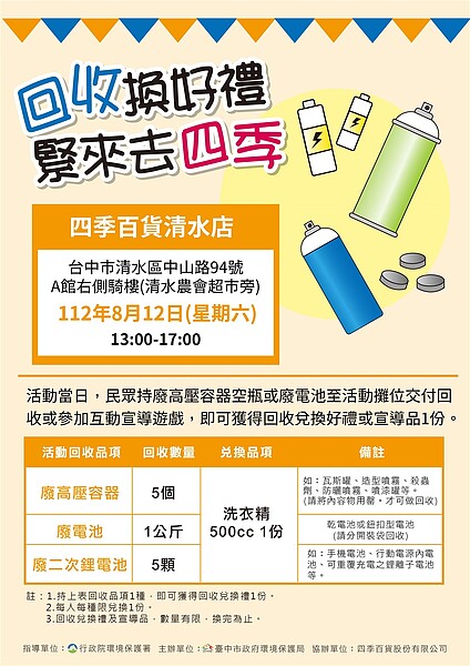 回收兌好禮,中市環保局攜手四季百貨回收高壓空瓶。圖/台中市政府提供
