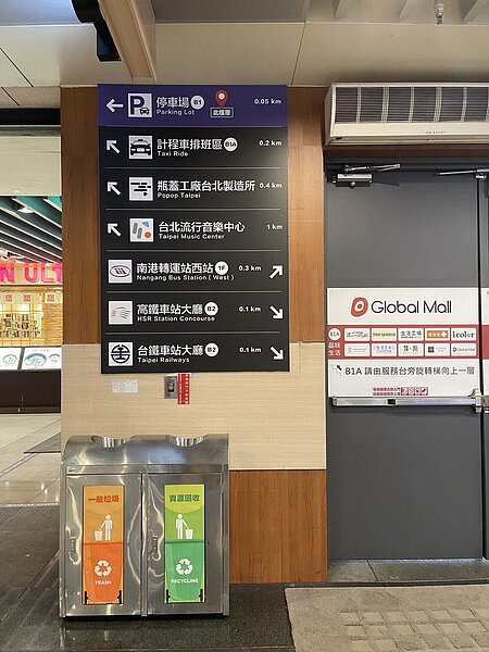 環球購物中心南港車站店在商場重要交叉路口，更新引導指標圖、新增樓層標示與離重要地標距離等。圖／南港區健康服務中心提供