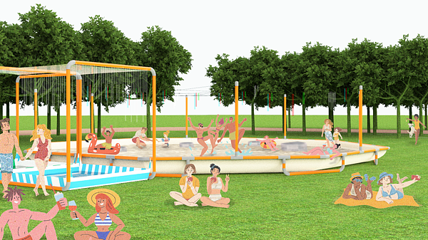 8月12日至13日將在台中「市民廣場」推出「Summer Splash!夏日大噴發」。此為夏日大噴發互動戲水區模擬圖。圖/中市府提供