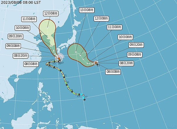 今天上午第7號颱風蘭恩生成,由於太平洋仍有第6號颱風卡努,目前為雙颱共存。圖/取自中央氣象局網站