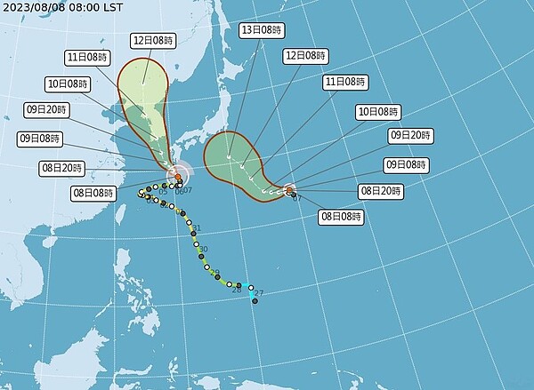 今天上午第7號颱風蘭恩生成，由於太平洋仍有第6號颱風卡努，目前為雙颱共存。圖／取自中央氣象局網站