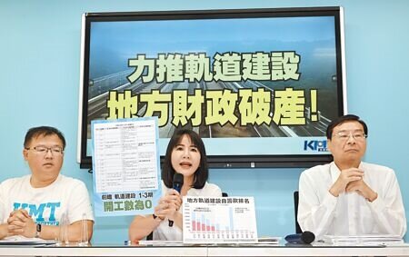 
國民黨立法院黨團總召曾銘宗（右起）、書記長謝衣、首席副書記長李德維9日召開「力推軌道建設 地方財政破產!」記者會，曾銘宗表示，軌道建設完成之時，地方財政瀕臨破產。（劉宗龍攝）
