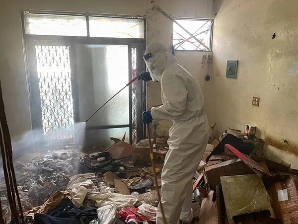 環保局派人進入凱哥居住的透天厝清理雜物時,老鼠不怕人滿地跑。圖/高市環保局提供