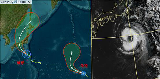 中央氣象局路徑潛勢預測圖顯示,中颱蘭恩逐漸減弱中,向西北轉北大迴轉,明天、周二侵襲日本本州、四國。另外,中颱朵拉強度亦逐漸減弱中,向西北西轉北大迴轉,無侵台疑慮。圖/取自「三立準氣象.老大洩天機」專欄