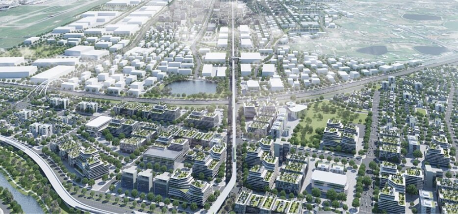 桃園市政府建築管理處近日公告三種建照標準圖說文件,航空城安置街廓民眾欲興建房屋,可以免費使用。圖(航空城模擬圖)/桃園市政府提供