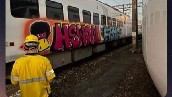 台鐵今日清晨4點發現，停放於樹林機務段調車場EMU3000型車輛遭不明人士闖入塗鴉破壞。（圖／翻攝自靠北台鐵）