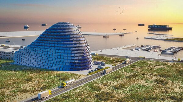 台電攜手荷蘭MVRDV建築團隊打造離岸風力發電廠運維中心，取名為「Sun Rock 光能之石」，建築外牆宛如1隻「銀色穿山甲」，可年產百萬千瓦綠電。（台電提供／吳建輝彰化傳真）