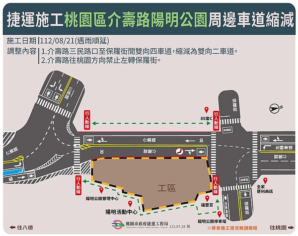 桃園區介壽路陽明公園周邊車道縮減示意圖。圖／桃園市捷運工程局提供