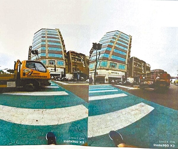 張姓駕駛向本報投訴,懷疑有檢舉達人刻意營造「不禮讓違規事件」,只伸出1隻腳以廣角鏡頭拍攝與車輛的「合影」,明顯就是陷人於罪。(民眾提供/陳育賢新竹傳真)