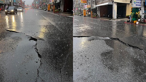 鳳山區鳳林路、東福街口出現路面下陷。圖／取自高雄市議員李雅靜