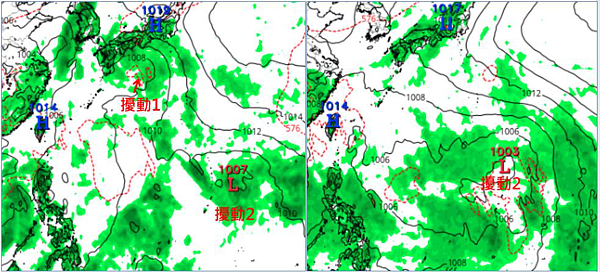 歐洲模式模擬（左圖，取自tropical tidbits）顯示，23日20時第1個擾動大約行進至日本南方近海；第2個擾動在菲律賓東方海面醞釀發展。模擬（右圖，取自tropical tidbits）顯示，26日20時第2個擾動仍在菲律賓東方海面。圖／取自「三立準氣象.老大洩天機」專欄