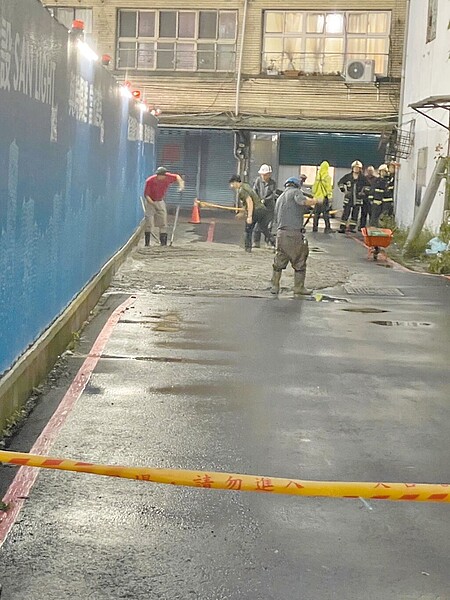 台北市萬華區昆明街320巷20日發生路面塌陷,出現長約3公尺、寬2公尺及深度1.5公尺坑洞,市府獲報後已灌漿回填。圖/台北市建管處提供