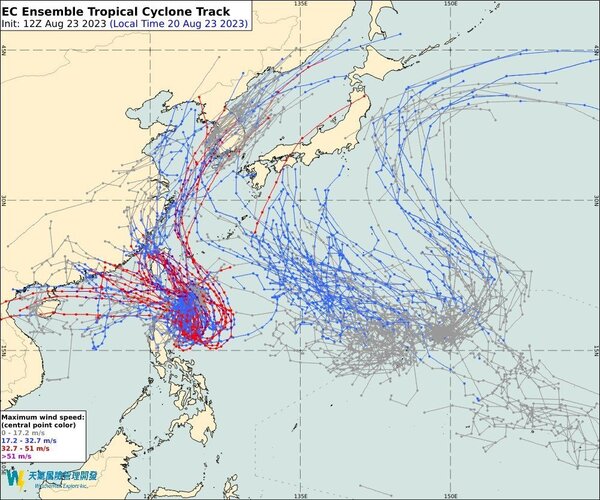 歐洲氣象中心系集模式颱風模擬路徑圖。圖／取自「氣象達人彭啟明」臉書粉專
