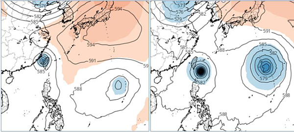 歐洲及美國模式模擬顯示,熱帶系統在呂宋島東北方海面、滯留打轉5天後,撲向台灣;30日20時歐洲模擬已掃過台灣並進入台灣海峽(左圖,取自tropical tidbits),美國模擬速度稍慢、但也在台灣門口(右圖,取自tropical tidbits)。圖/取自「三立準氣象.老大洩天機」專欄