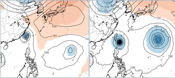 歐洲及美國模式模擬顯示，熱帶系統在呂宋島東北方海面、滯留打轉5天後，撲向台灣；30日20時歐洲模擬已掃過台灣並進入台灣海峽（左圖，取自tropical tidbits），美國模擬速度稍慢、但也在台灣門口（右圖，取自tropical tidbits）。圖／取自「三立準氣象.老大洩天機」專欄