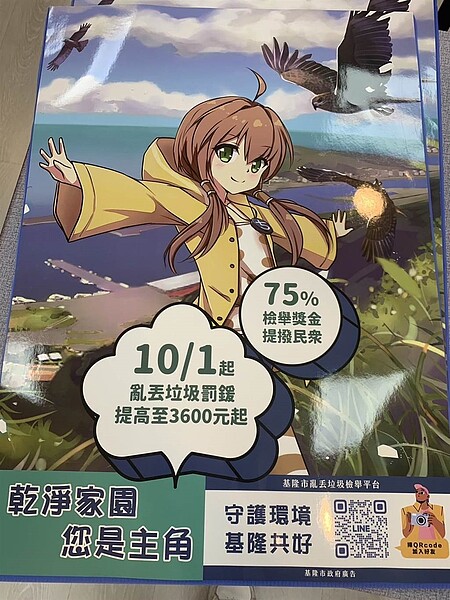 本次宣導海報與基隆在地相當知名的動漫形象作品「基隆少女」合作,由「小白老師」廖志祥所設計的角色「吉古拉」擔任宣導大使。(徐佑昇攝)