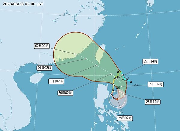 颱風周三深夜至周四是最接近台灣的時候,周五往廣東汕頭沿海前進。圖/取自中央氣象局網站