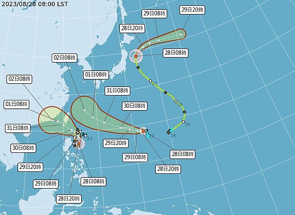 目前太平洋地區有3個颱風，包括中颱蘇拉（下）、輕颱丹瑞（上），以及今天上午生成的輕颱海葵（中）。圖／取自中央氣象局網站