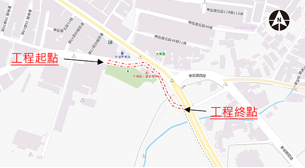 「外埔區國道三號旁甲東路主線及機車道拓寬工程」位置圖。圖／台中市府提供