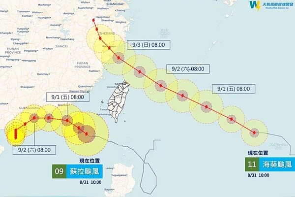 蘇拉颱風遠離，海葵颱風的預測路徑持續向南修正。圖／取自「天氣風險 WeatherRisk」粉專
