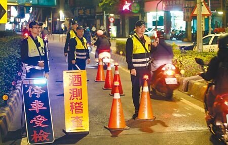 
去年3月防酒駕新制上路，各縣市陸續公布酒駕累犯姓名、照片及違規事實，出乎意料的是，累犯人數不減反增。圖為員警實施酒測臨檢。（本報資料照片）（禁止酒駕，飲酒過量有害健康）
