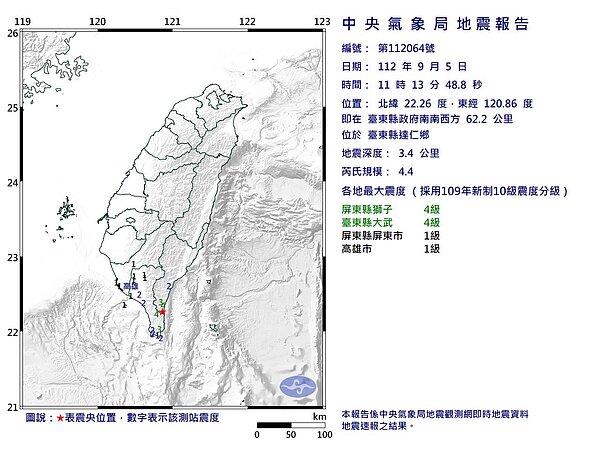 今（5）日上午11時13分台東縣達仁鄉發生芮氏規模4.4地震。圖／氣象局提供