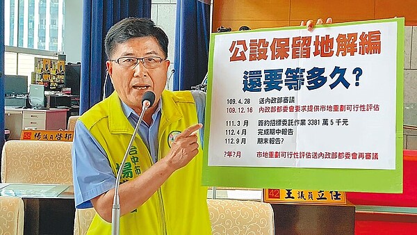 台中市議員楊典忠指出，內政部要求市府提供「市地重劃可行性評估報告」，市府至今還沒送，市民權益被市府拖延。圖／楊典忠提供