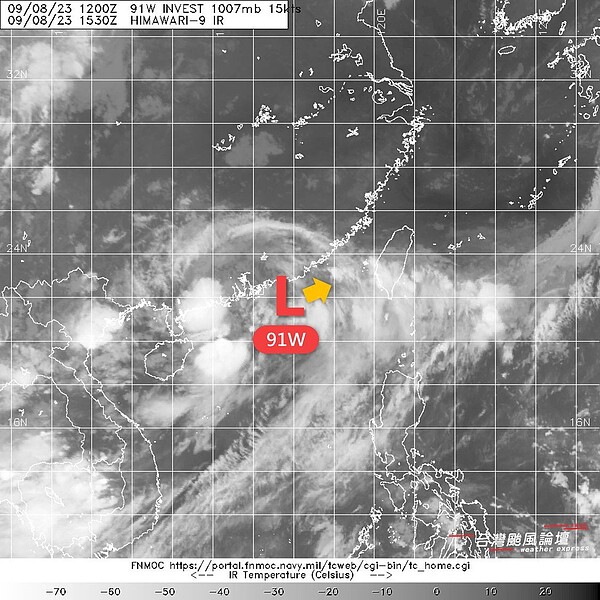 熱帶擾動91W誕生，目前位於南海北部、廣東海域，往東北移動，朝台灣海峽前進。圖／取自「台灣颱風論壇｜天氣特急」粉專