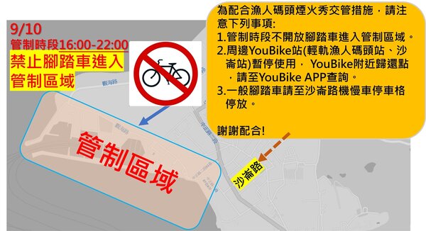 腳踏車禁止進入管制區域（含牽行），周邊YouBike站暫停借還車。圖／新北市政府提供