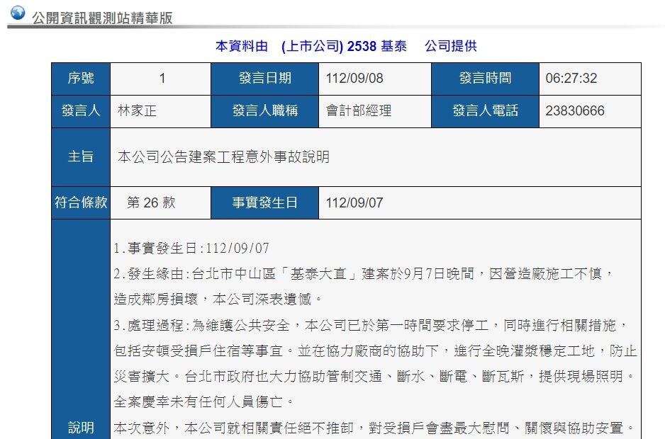 ▼針對意外,基泰建設緊急回應。(圖/翻攝公開資訊觀測站)