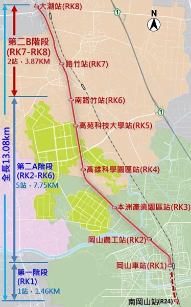 高捷紅線岡山路竹延伸案將新增8座車站，其中岡山車站站明年中旬即可通車。記者吳慧芬／翻攝