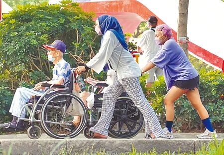 
看護移工推著輪椅陪長者到公園散步。（本報資料照片）
