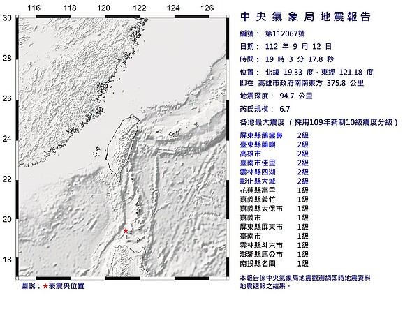 台灣南部於12日晚間7時3分發生芮氏規模6.7地震。圖／氣象局提供