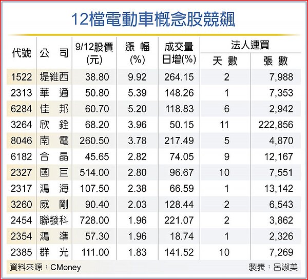 12檔電動車概念股競飆。圖/中國時報