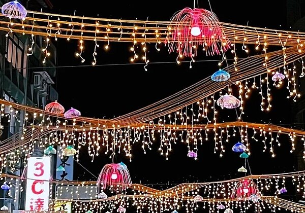 今年為公路燈飾裝置藝術,運用彩色水母燈和稻草編織,呈現苑裡山海屯交織的意象,昨晚開始點燈搶先閃亮登場。圖/民眾提供