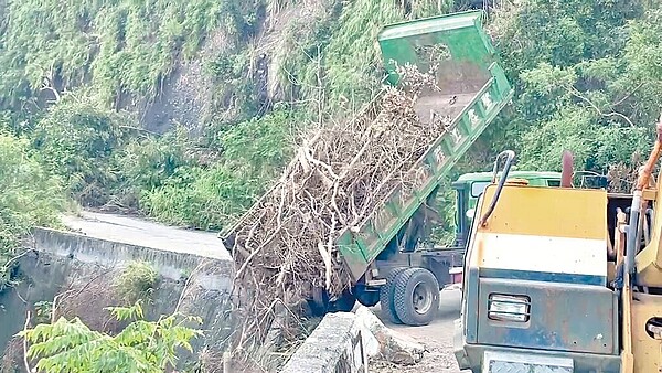 海葵颱風造成台東大量樹木倒塌，公路總局委託廠商未依規定處理廢棄樹木，直接將廢棄樹木亂倒在溪流及海邊。（讀者提供／蔡旻妤台東傳真）