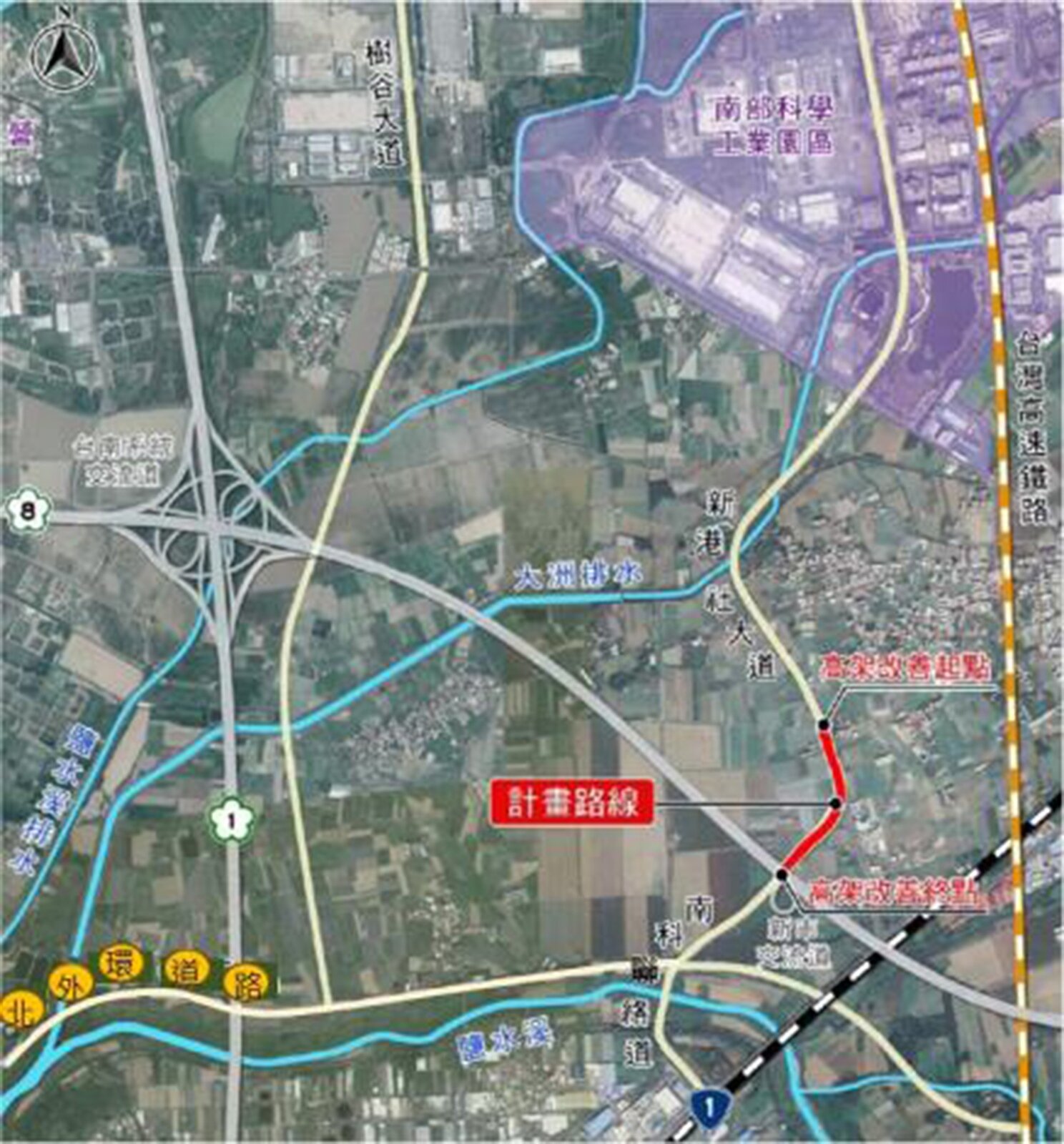 新聯外道路長約1公里、寬30公尺,橋梁長度約340公尺,完工後可望疏解上班尖峰車流。圖片來源:圖由台南市工務局提供。