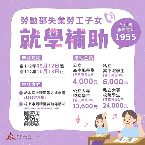 勞動部失業勞工子女就學補助。圖/新竹市政府提供