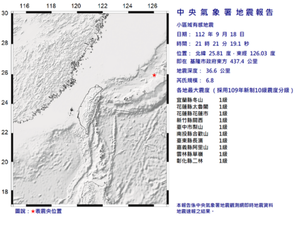 台灣東北海域今（18）日晚間9時21分發生芮氏規模6.8地震。圖／氣象局提供