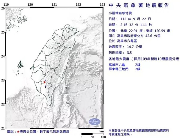 中央氣象署發布小區域有感地震報告。圖／取自中央氣象署網站
