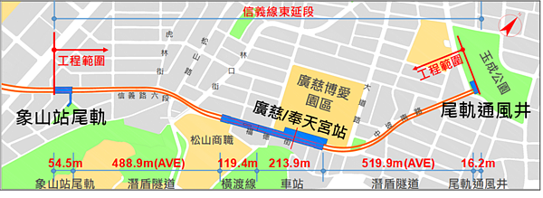 捷運信義線東延段路線範圍圖。圖/北市府提供
