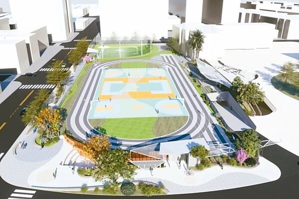 興穀國小操場興建地下停車場透過校地退縮,引進自然通風採光的下沉式廣場,和周邊環境結合。圖/新北市工務局提供