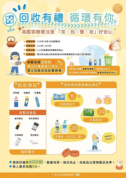 新北市環保局與愚公移山登山用品店合作,於10月1日辦理「回收有禮+循環有你」活動。圖/環保局提供