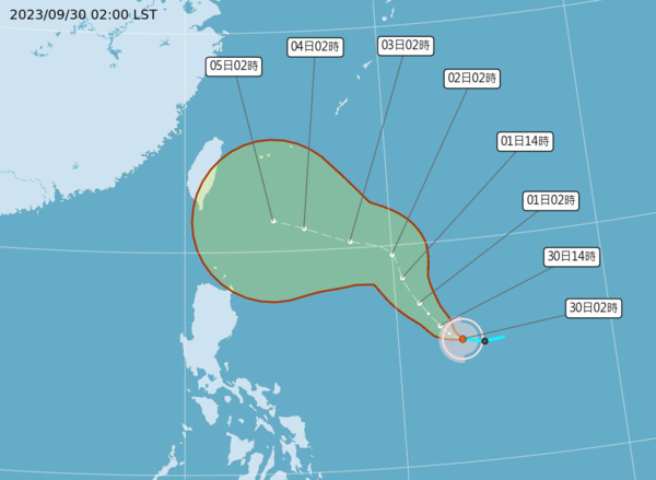 原位於菲律賓東方海面的熱帶性低氣壓，今天凌晨2時發展為輕度颱風小犬，中心位置在鵝鑾鼻東南東方1480公里海面上，以每小時12公里速度，向西北西進行。圖／取自中央氣象署網站
