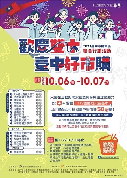 國慶焰火在台中,攤集區有機會領萬份好市券、限量夜市美食兌換券。圖/台中市經發局提供